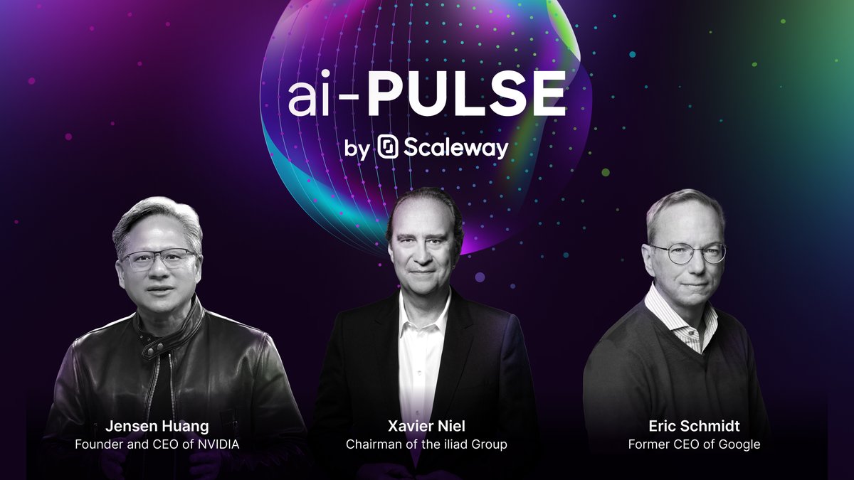 Scaleway's tweet image. Thrilled to have industry giants leaders @ericschmidt, @Xavier75, and Jensen Huang sharing their insights at the #ai-PULSE conference on November 17th at @joinstationf! It is an exceptional line-up that will make it a day to remember. See you there! 👉 ow.ly/Ptbq50Q4sHk
