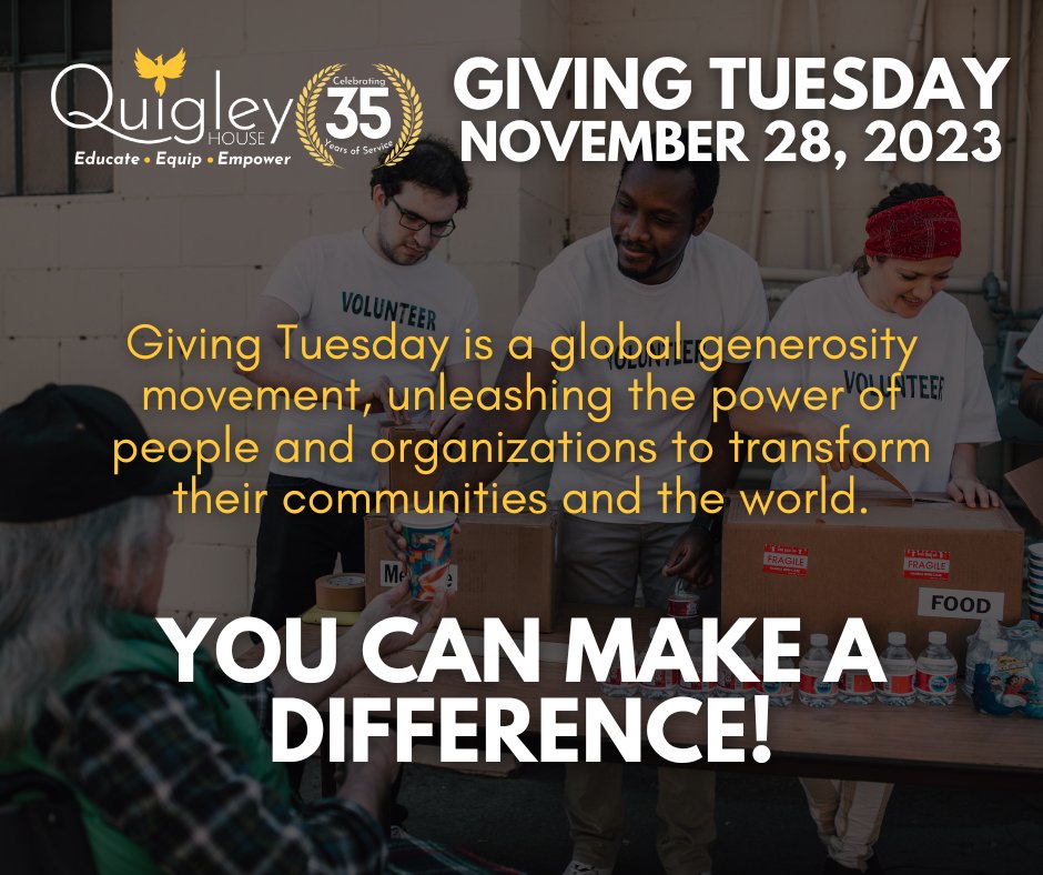 Quigleyhouse's tweet photo. Save the date: #GivingTuesday is quickly approaching, and we want to celebrate our 35 years with your help! 

Mark your calendars and get excited to make an impact in the life of a survivor! https://t.co/K97UJTFStQ