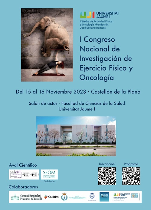 Os recordamos el I Congreso Nacional de Investigación de Ejercicio Físico y Oncología que celebramos los próximos días 15 y 16 de noviembre en nuestra <a href="/fcs_UJI/">FCS-UJI</a>, organizado por la Cátedra de Actividad Física y Oncología de la Fundación José Soriano Ramos <a href="/UJIuniversitat/">Universitat Jaume I</a>