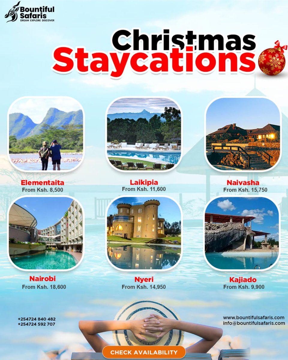 The festive season is here and we have amazing Christmas Staycation offers. From as low as Ksh 10,000. 𝐋𝐈𝐏𝐀 𝐏𝐎𝐋𝐄𝐏𝐎𝐋𝐄 𝐀𝐕𝐀𝐈𝐋𝐀𝐁𝐋𝐄 📞 Call/WhatsApp: 0724592707/0724840482 📧 Email: info@bountifulsafaris.com #BountifulSafaris #BountifulExperience