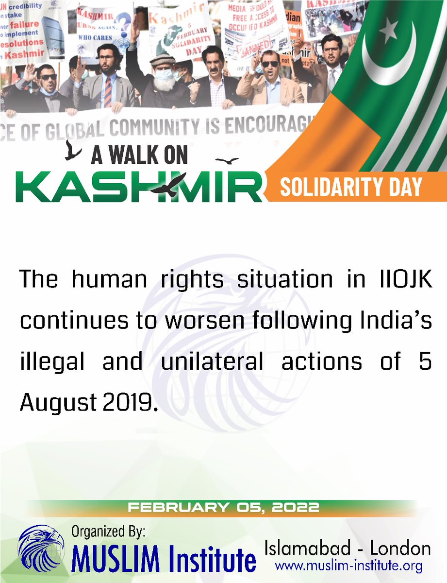 The human rights situation in IIOJK continues to worsen following India’s illegal and unilateral actions of 5 August 2019.

A Walk on Kashmir Solidarity Day
From China Chowk Blue Area to Press Club, Islamabad
February 5, 2022

#Kashmir #Junagadhstate #Pakistan #Freedom #peace