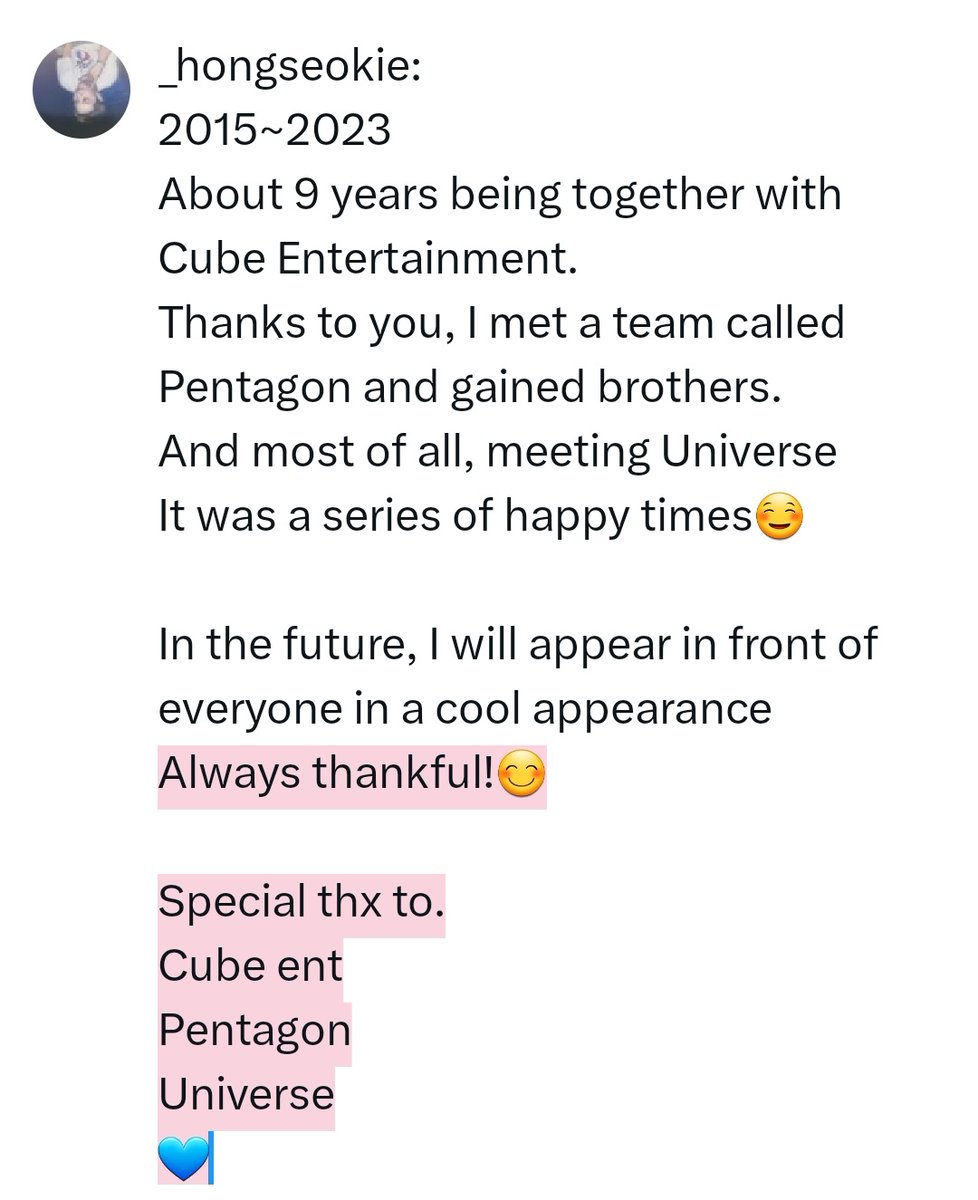 oyoy6200's tweet photo. _hongseokie:
2015~2023
About 9 years being together with Cube Entertainment.
Thanks to you, I met a team called Pentagon and gained brothers.
And most of all, meeting Universe
It was a series of happy times☺️

(cont. on pic) https://t.co/TkaqWrRGgX