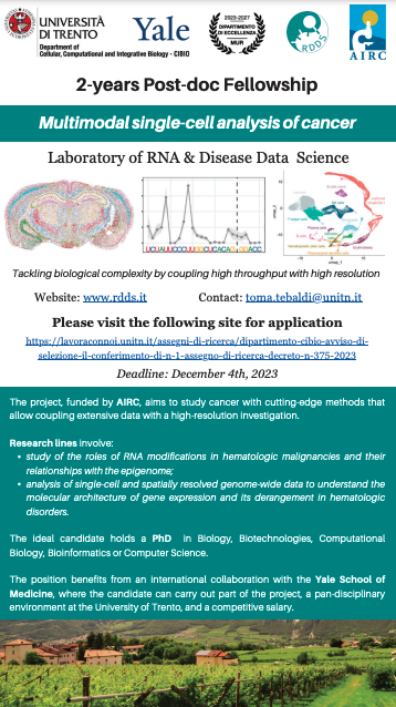 CIBIO_UniTrento's tweet photo. A two-year postdoc fellowship is available in the Laboratory of RNA &amp; Disease Data Science: a project funded by @AIRC_it to study #cancer with advanced methods with a high-resolution investigation.

📅 Deadline: December, 4th
ℹ️ https://t.co/r9eebdjrjO 
📩toma.tebaldi@unitn.it https://t.co/GNUWAa0yHs