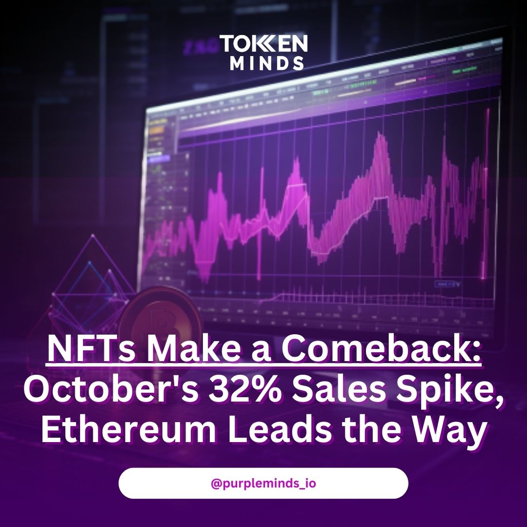 tokenminds_co's tweet photo. NFTs are back with a bang! 🚀 October saw a 32% surge in sales, led by Ethereum. Discover the revival of the digital art market #NFTs #CryptoArt #NFTMarket #Ethereum #TokenMinds #Web3 https://t.co/ALWT4QejGZ