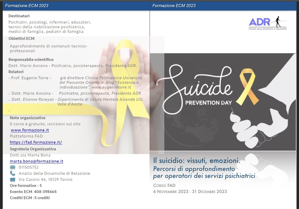 Mario_ADR's tweet photo. Da oggi è disponibile il corso FAD Il suicidio: vissuti, emozioni. Nel corso è disponibile l'ultimo intervento del Prof. Eugenio Torre e la trascrizione della sua relazione. Il corso  è gratuito. È un modo per ricordare il Prof. Eugenio Torre. https://t.co/4Ndun0fSP0