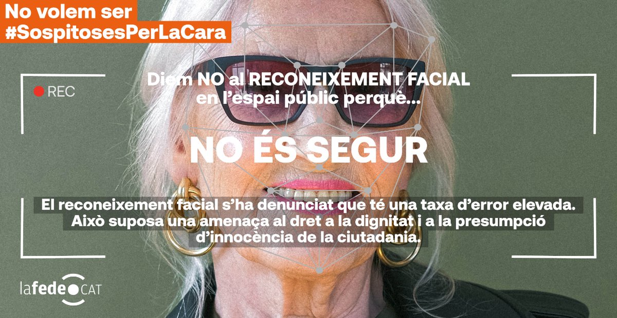 Lafedecat's tweet photo. 📹Per què ens oposem al reconeixement facial a l'espai públic? Perquè...

🔓Viola la nostra PRIVACITAT
🙅És DISCRIMINATORI
🆓 Limita la nostra LLIBERTAT
❎No és SEGUR
📴No és NECESSARI

No volem ser #SospitosesperLaCara!
🔗 https://t.co/SLS0saO47Z https://t.co/owOr0WRQ5r