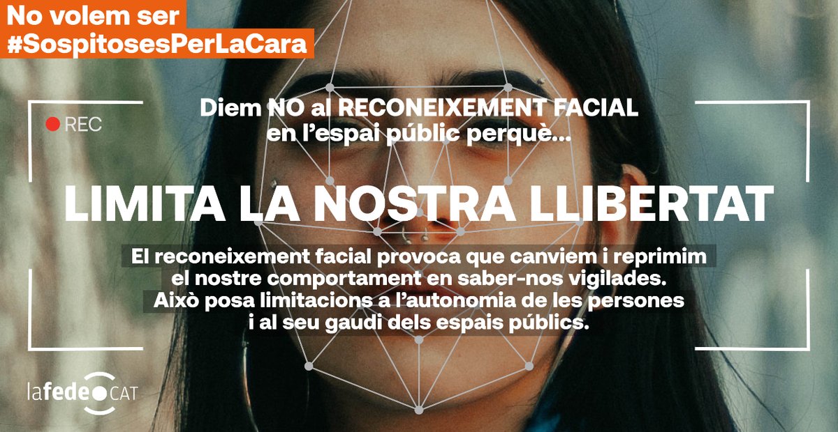 Lafedecat's tweet photo. 📹Per què ens oposem al reconeixement facial a l'espai públic? Perquè...

🔓Viola la nostra PRIVACITAT
🙅És DISCRIMINATORI
🆓 Limita la nostra LLIBERTAT
❎No és SEGUR
📴No és NECESSARI

No volem ser #SospitosesperLaCara!
🔗 https://t.co/SLS0saO47Z https://t.co/owOr0WRQ5r