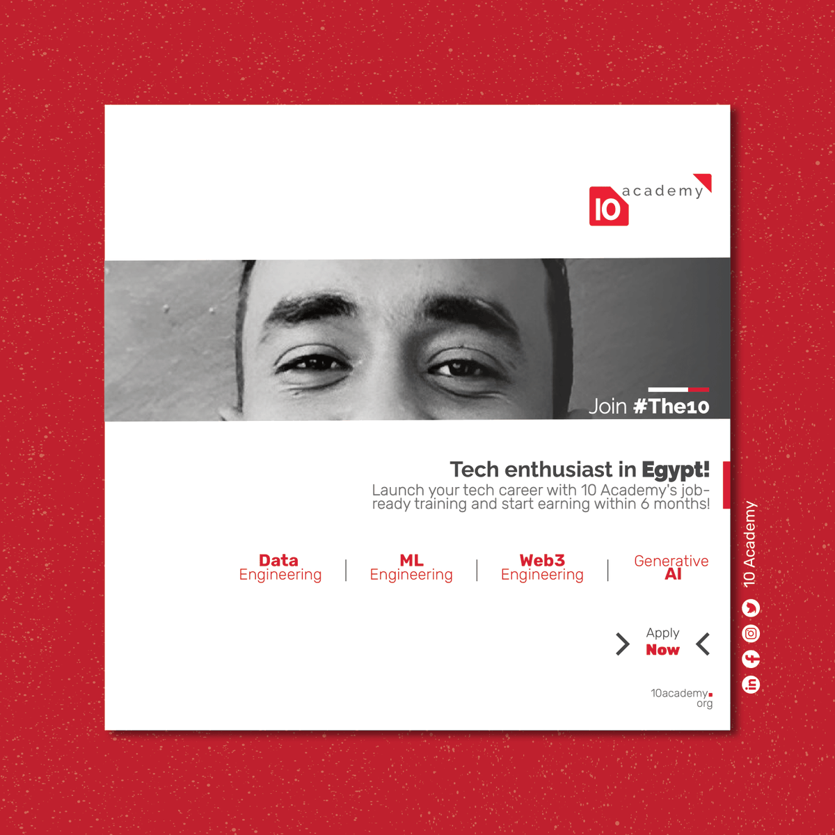 Calling All Aspiring Tech Talents in Egypt! Ready to Launch Your Tech Career or Make a Shift?

Join 10 Academy's Job-Ready Training and Unlock Global Opportunities in Just 6 Months!

Join Mohammad, an extraordinary alumnus of 10 Academy living in Egypt. With a dream to see Africa