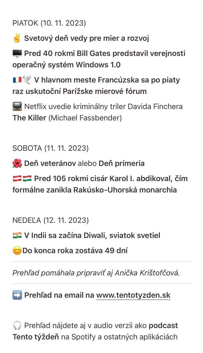 📅 Čo sa bude diať tento týždeň (6. 11. 2023) Prehľad pomáhala pripraviť aj @AKristofcova ✨ Prehľad posielame každý pondelok o 8:00 aj ako e-mail s odkazmi a podrobnejším popisom 📬👉 Aktivujte si newsletter na tentotyzden.sk Online verzia: tentotyzden.substack.com/p/06-11-2023