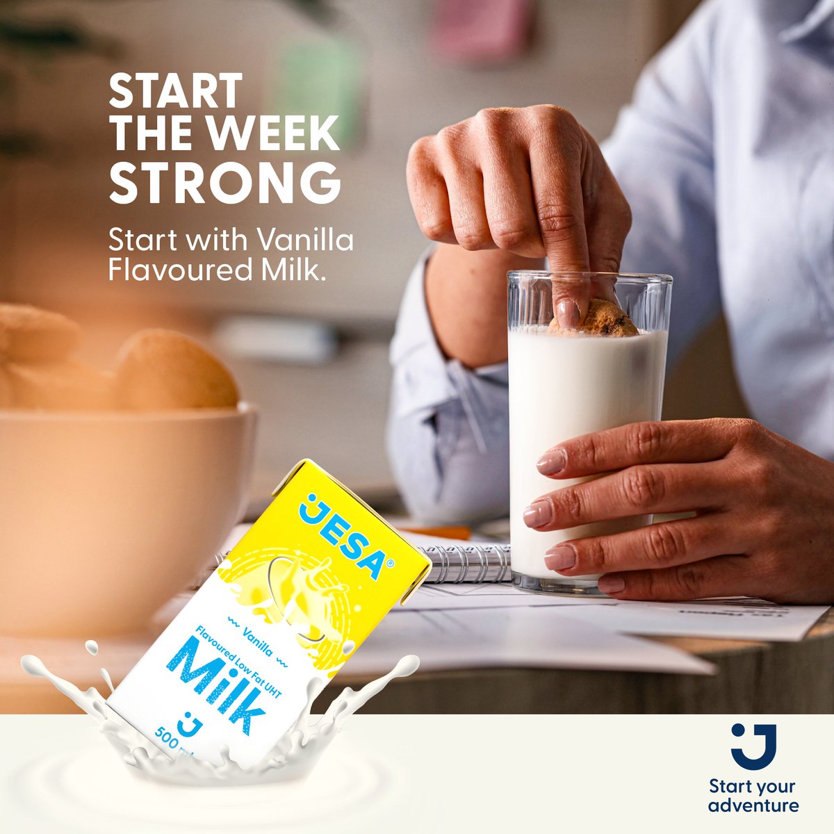 Begin your week with JESA Vanilla Flavoured Milk and feel that unique rush of energy. #StartYourAdventure.