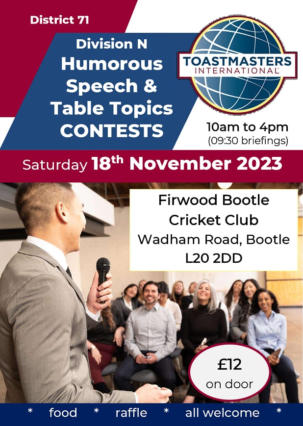 Roll up, roll up for the District 71 Division N Contest! Lots of laughs, all welcome! <a href="/FBCC1833/">Firwood Bootle C.C.</a> <a href="/ToastmastersUKI/">Toastmasters Ireland & UK</a> 👇