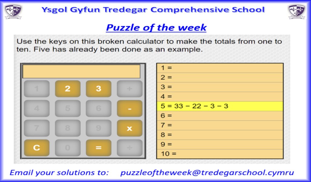 Bore Da YGTCS and welcome back! Here is this week's puzzle of the week.

Please email your solutions to puzzleoftheweek@tredegarschool.cymru or bring paper solutions to Mr Vokes in J9.

Remember that you now win a raffle ticket, as well as pride points!