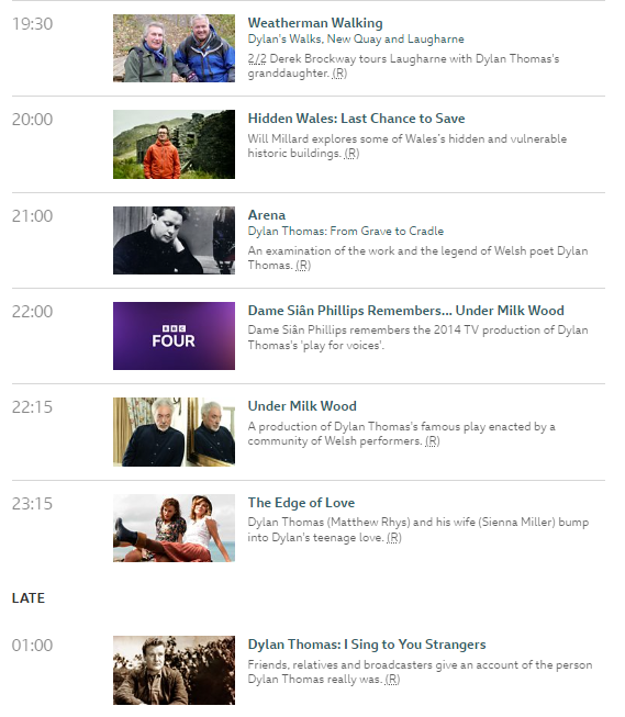 It's Dylan Thomas night on BBC Four this Thursday, commemorating the 70th anniversary of his death.

Includes a rare showing of the 1983 documentary Dylan Thomas: I Sing To You Strangers 

Details here 👇
bbc.co.uk/schedules/p00f…

#DylanThomas