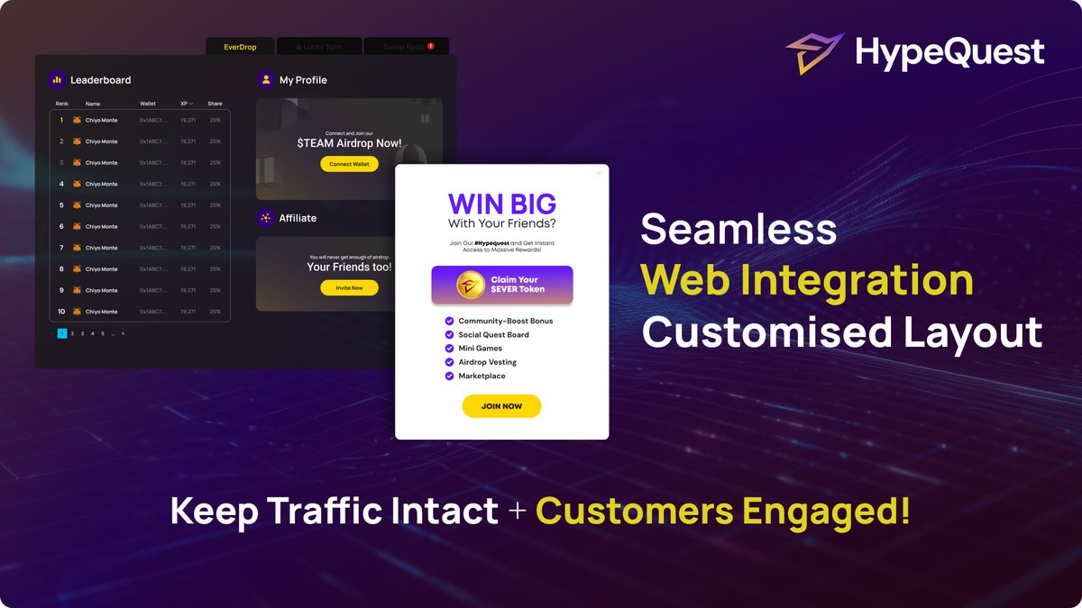 Calling all #web3 and #crypto projects!

Here's the treats of integrating #Hypequest  
🔥Enjoy a customized layout 
🔥Seamlessly integrated into your website  

Keep your traffic intact while engaging participants who can learn right from your site! Win-win!✨