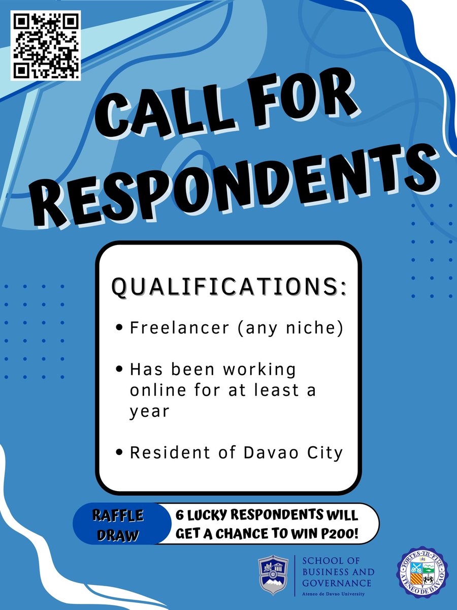 trshjnssl's tweet photo. Hi! Calling the attention of freelancers currently residing in Davao City. Please take a minute to answer this survey for our thesis🙏🏼

You also get a chance to win 200 pesos worth of GCash!

Link to the survey: https://t.co/wBcD5DHWd4 https://t.co/zTfzqNqn7z