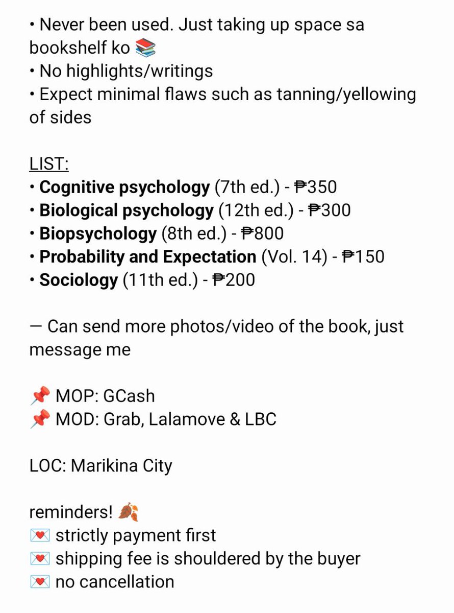 1uvarcy_'s tweet photo. [ wts / lfb ] hi #studytwt! i’ll be selling some of my psychology books &amp; others na taking up space nalang sa bookshelf ko (badly need funds for thesis).

prices and deets are already posted.

📍loc: marikina city

feel free to DM me if interested!

PLEASE HELP RT🫂 #psychology https://t.co/k5S0zOAT2c