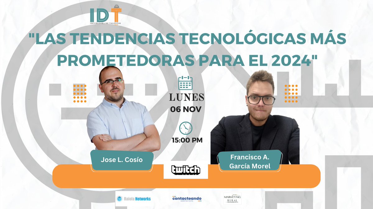 📢📢🆃🅴🅲🅽🅾🅻🅾🅶í🅰🅰🅻🅳í🅰📢📢

"Las tendencias tecnológicas más prometedoras para el 2024"

Junto a <a href="/jlcalcalde/">@JLCAlcalde</a> y <a href="/Galzak4/">Fco.Morel - Organizing #WCGR24</a>

Esperamos veros hoy!

🗓 06 de #noviembre
⏰️ 15:00 horas

Canal de #twitch 

twitch.tv/incubadoratale…

Gracias a <a href="/RaiolaNetworks/">Raiola Networks</a> y <a href="/contacteando/">@contacteando®</a>
