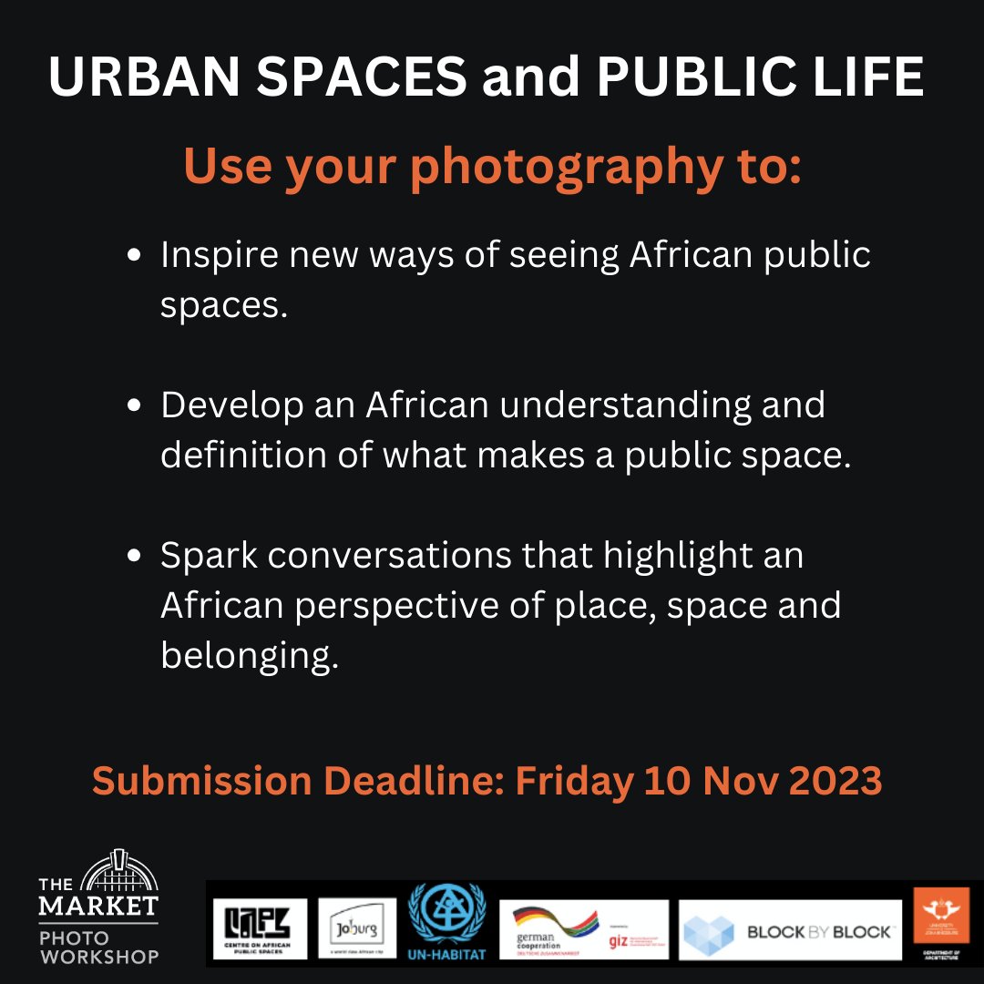 The Centre on African Public Spaces (CAPS) (@african_spaces) on Twitter photo 🌍 “URBAN SPACES AND PUBLIC LIFE” 🌍
Last call to African photographers who recognise and celebrate the value and importance of public spaces.
Submissions close Friday 10 Nov
Application: marketphotoworkshop.co.za/2023/10/25/cal…
#placemakingAfrica
A collaboration with <a href="/_photoworkshop/">MarketPhotoWorkshop</a> 🌍 “URBAN SPACES AND PUBLIC LIFE” 🌍
Last call to African photographers who recognise and celebrate the value and importance of public spaces.
Submissions close Friday 10 Nov
Application: marketphotoworkshop.co.za/2023/10/25/cal…
#placemakingAfrica
A collaboration with <a href="/_photoworkshop/">MarketPhotoWorkshop</a>