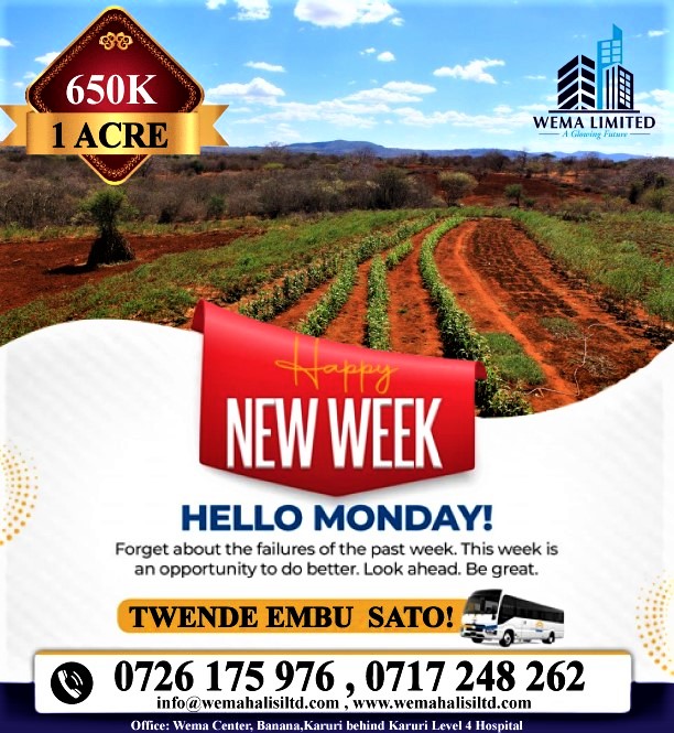 LimitedWema's tweet photo. NEW PHASE ALERT!!
Wema Springs Phase 7 - Embu @650,000Kshs, 1 Year Installments
1 Acre
- Ready for settlement
- Good in Agriculture 
Reach us on 0726 175 976, 0717 248 262 , https://t.co/og092CGI5z
#embu #1acre #landforsale https://t.co/lFudslA4rw