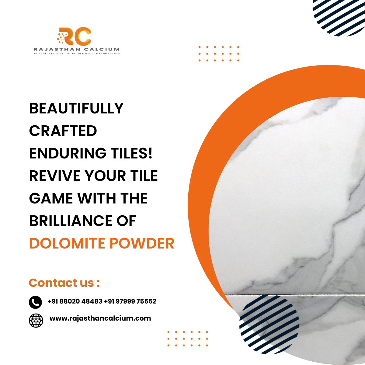 RajasthnCalcium's tweet photo. Give your tiles remarkable strength with the naturally occurring mineral Dolomite powder. Choose premium Dolomite powder from Rajasthan Calcium to experience smoother tile manufacturing.
#RajasthanCalcium #DolomitePowder #StunningFinishTiles #EasyProcessing https://t.co/frRsBVPgO4