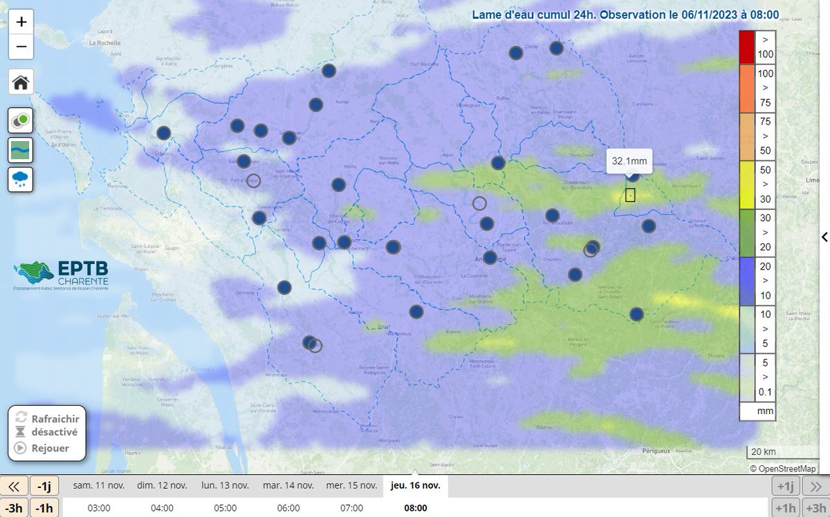 EPTBCharente's tweet photo. ⚠️Vigilance orange inondation en cours sur les tronçons Charente source, Charente amont, Boutonne amont et Seugne. Sur des sols saturés en eau, les pluies  attendues jusqu'à mardi 07/11 (10 à 30 mm par endroit) vont continuer à faire réagir à la hausse le niveau des cours d'eau. https://t.co/ql6aG4kfQ4
