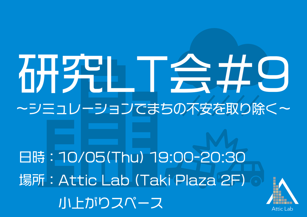 AtticLab_titech's tweet photo. 異分野＆他学年研究交流イベント開催🔥

研究LT会#9 
~シミュレーションでまちの不安を取り除く~

日時：12/5(火) 19:00-20:30
場所：Taki Plaza 2F 畳スペース

☑システム制御と融合理工の2名の学生が交通事故＆都市気象の研究を発表！
☑交流会もあります

申込フォーム👇
https://t.co/CWH0bDvM2V https://t.co/cNAwOdTArY
