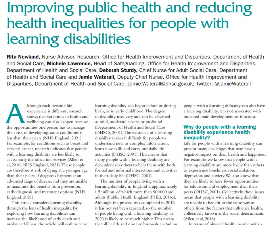 This article considers learning disability through the lens of health inequality. A must read for everyone!! Access for free on the @BJNursing website👇 magonlinelibrary.com/doi/full/10.12…