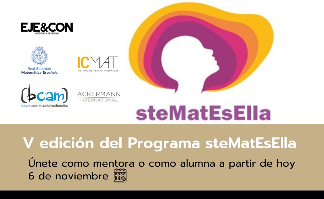 🌟 ¡Únete como mentora o alumna a la V Edición del Programa #steMatEsElla! 👩‍🔬Hoy se celebra el acto de presentación de la V edición. Participan <a href="/AsocEyC/">EJE&CON</a>,   <a href="/RealSocMatEsp/">RSME</a>, <a href="/_ICMAT/">Inst. de Cc. Matemáticas</a> y <a href="/AckermannInt/">AckermannInt</a>.  🎯 Toda la información: ejecon.org/stematesella/#…  #steMatEsElla✨