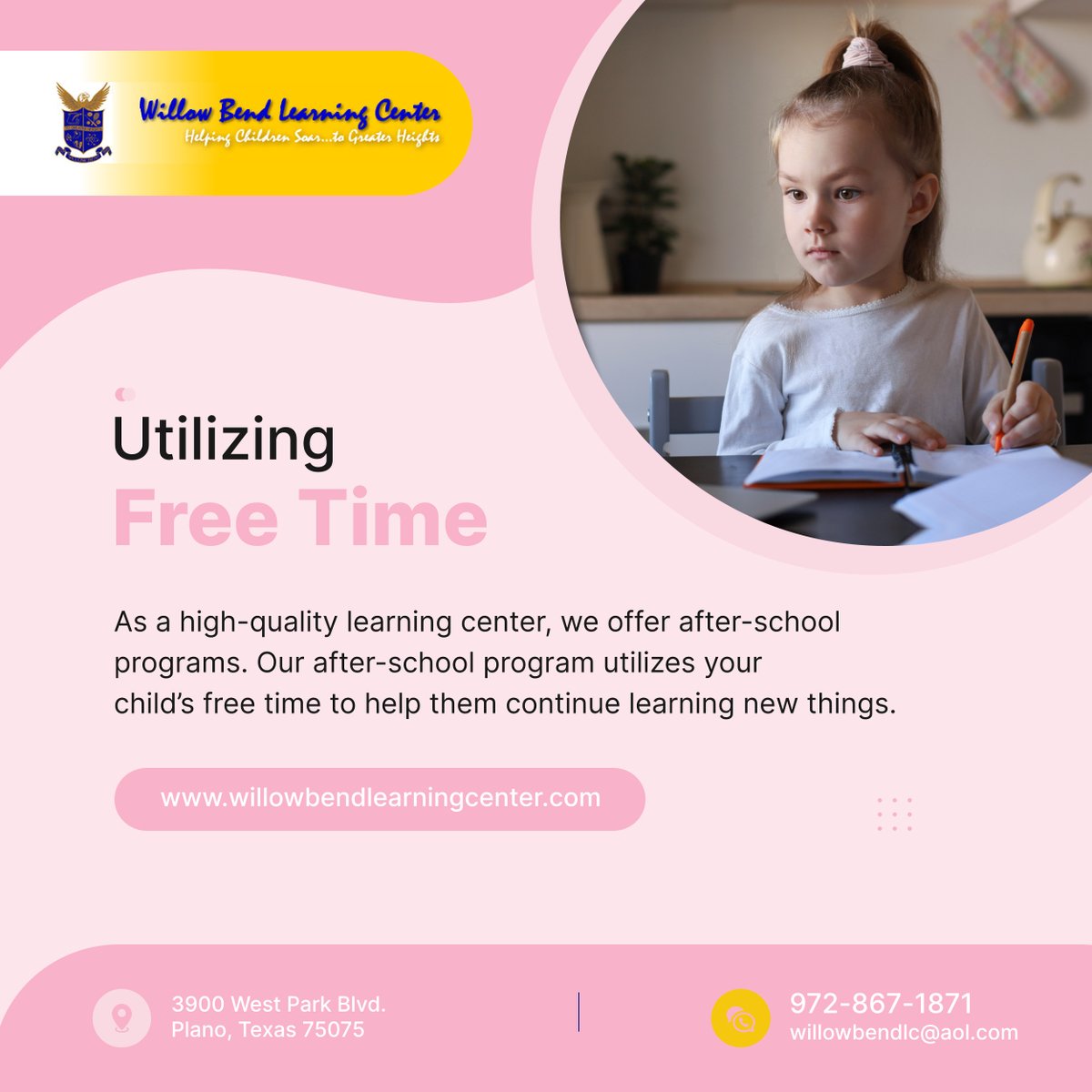 After-school programs offer a multitude of benefits for children and their families. These programs provide a safe and structured environment for students to engage in enriching activities.

#PlanoTX #Preschool #AfterSchoolPrograms #FreeTime #WillowBendLearningCenter