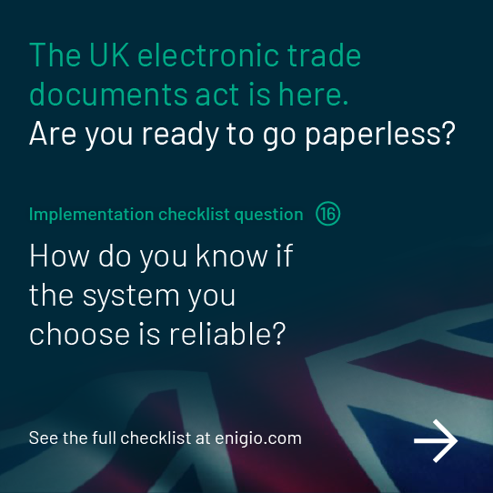 What do you need to consider to go paperless? By sharing our learnings we hope to help you in your transformation. Click on the link to access the checklist: 
enigio.com/uk-electronic-…
#paperlesstrade #ETDA #reliablesystem #digitaltrade