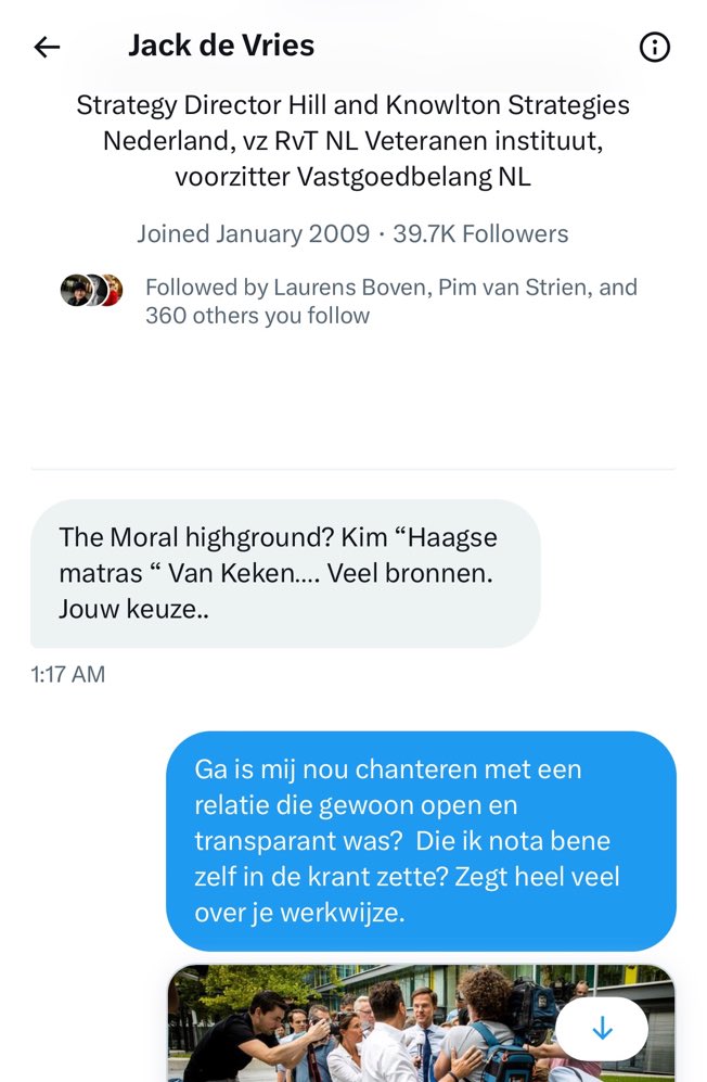 ForumLandFvD's tweet photo. Kim van Keken laat de innige band tussen onafhankelijke parlementaire journalistiek en politiek zien.
Een chantage bericht van Jack de Vries (CDA) hieronder.
Ze was overigens open over haar relatie(‘s?) met politiek. Zegt ze.
#haagsematras https://t.co/ipDdNRbaHT