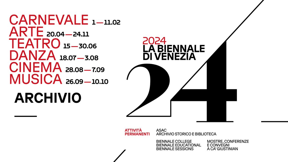 🗓️ Avete l'agenda a portata di mano?
Ecco qui il nostro #SaveTheDate 2024, per non perdere nessun appuntamento con #LaBiennaleDiVenezia!

#BiennaleCarnevale2024
#BiennaleArte2024
#BiennaleTeatro2024
#BiennaleDanza2024
#BiennaleCinema2024
#BiennaleMusica2024
...e molto altro!