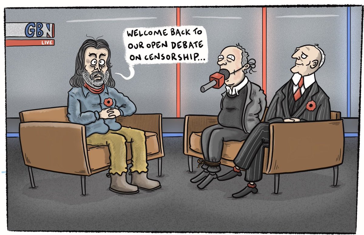 Cartoon4sale's tweet photo. Fergus Boylan on #GBNews #MichaelCrick โ political cartoon gallery in London https://t.co/dePcTdnXF6 https://t.co/R5WzFnPmWn