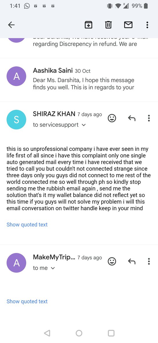 shirazkhanshow's tweet photo. @makemytrip wrong commitment has been done since my flight was cancelled &amp; I have received email that I will get my amount on my wallet since then three executive who gave me wrong information &amp; commitment regarding my refund lastly they done in wrong acount @jagograhakjago https://t.co/seymZQiOiL