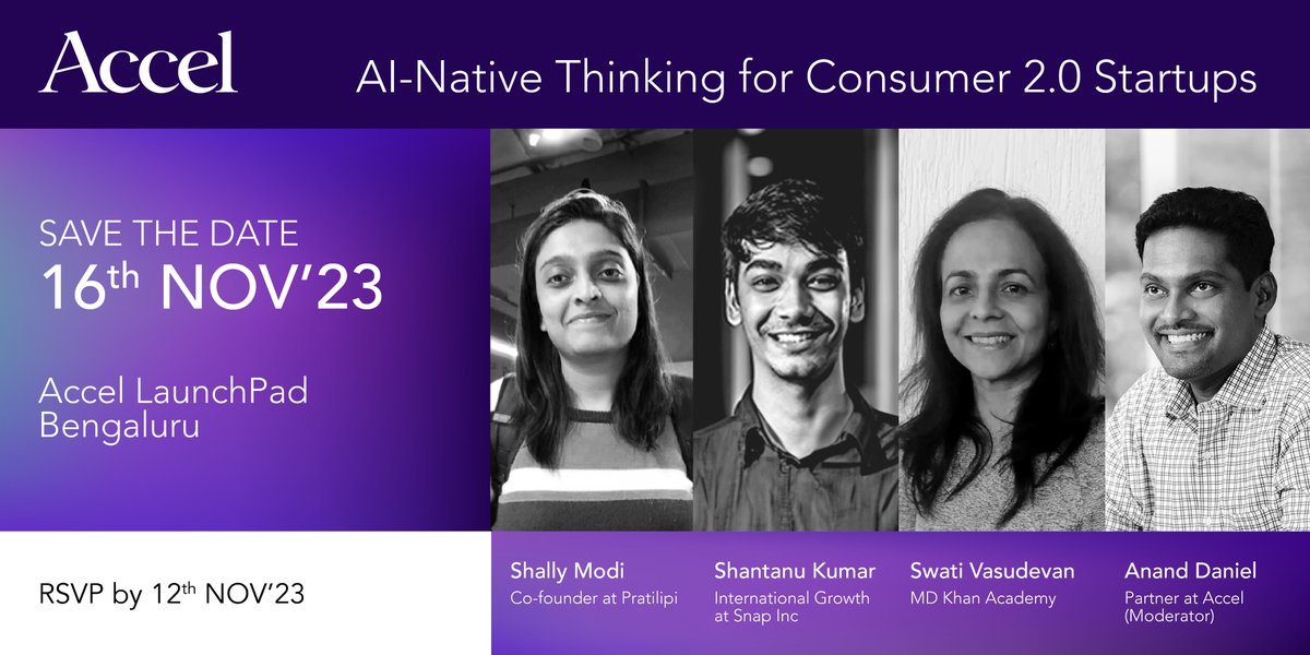 AccelIndia's tweet photo. How will consumer internet companies embrace Gen AI to enhance customer experience and drive innovation? 

Join us for an engaging conversation on November 16th, with a diverse panel of speakers sharing their insight on the future of consumer technology: https://t.co/BGl455s2PI https://t.co/4KnejMu5my