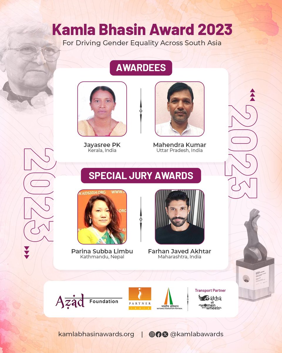 kamlabawards's tweet photo. 📢Presenting the winners of #KamlaBhasinAward 2023. We congratulate all the awardees for their exemplary work towards gender equality.

You are all cordially invited to be a part of the award ceremony on 26th November, 11:00 AM IST onwards at India Habitat Centre (IHC),New Delhi. https://t.co/kfBvzvtEIs