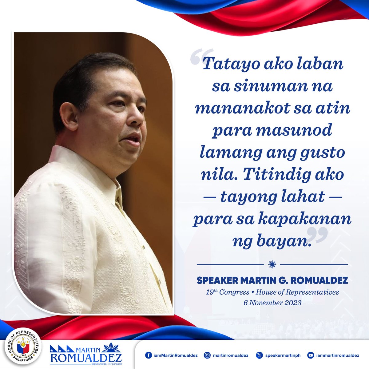 SpeakerMartinPH's tweet photo. #SpeakerMartin #19thCongress #CongressPH #MartinRomualdez #LiderNgKongreso https://t.co/bD6oHgSBLR