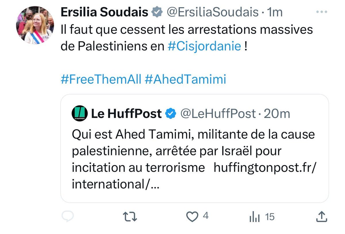 julienbahloul's tweet photo. A quel point @ErsiliaSoudais nous hait ? 
Au point qu'elle soutient une femme qui a dit ceci : 

"Nous allons vous massacrer. Ce qu'hitler vous a fait est une plaisanterie par rapport à ce que nous allons vs faire, nous boirons votre sang et mangerons votre crâne"

Soudais, amie du terroriste Hamouri et de Tamimi fan d'Hitler.
Soudais, notre ennemie.
Quand c'est pourri, c'est LFI.