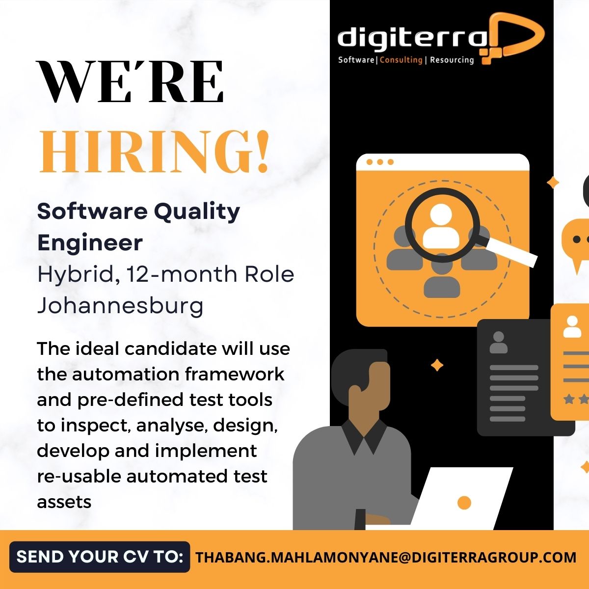 DigiterraGroup's tweet image. Our spotlight job of the week! 
Software Quality Engineer
Location: Johannesburg, Hybrid
Duration: 12-month contract
Send your CV to: thabang.mahlamonyane@digiterragroup.com

#hiringnow #augmentedworkforce #job  #softwarequality #softwareengineering
