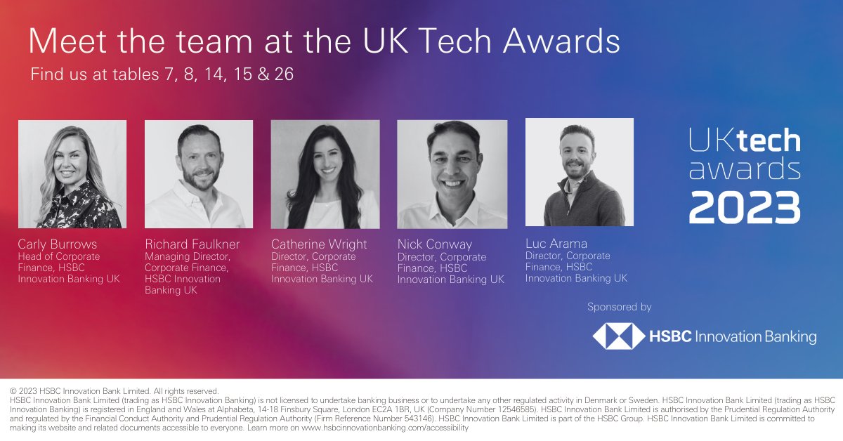 Delighted to partner with the @UKtech_awards and bring the #tech ecosystem together this week to celebrate their successes 🏆 Meet the @HSBCInnovation Banking UK team on tables 7, 8, 14, 15 & 26.