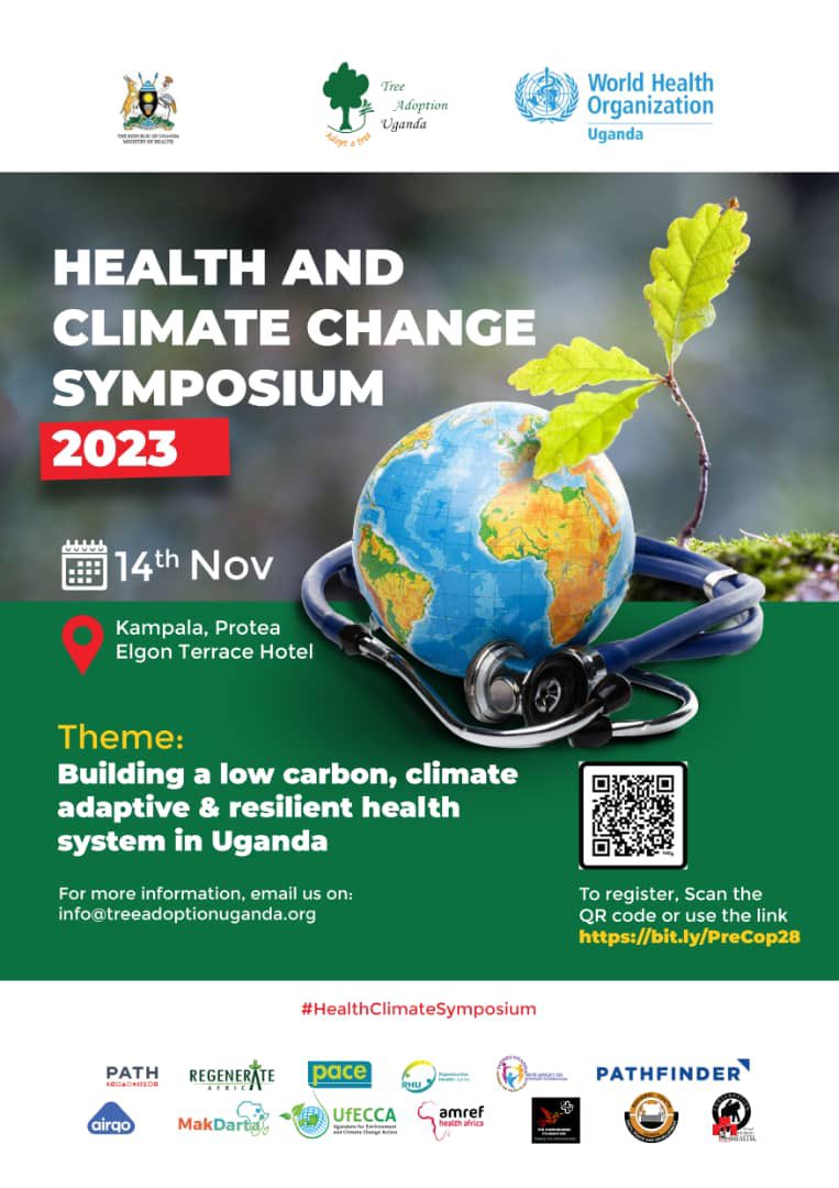 Pleased to share with you that the health and climate change symposium  will take place on 14/11/2023 at  Protea Hotel, Kampala. 
The symposium will unpack the health and climate change nexus to health professionals, policymakers and other stakeholders.
#climateandhealth