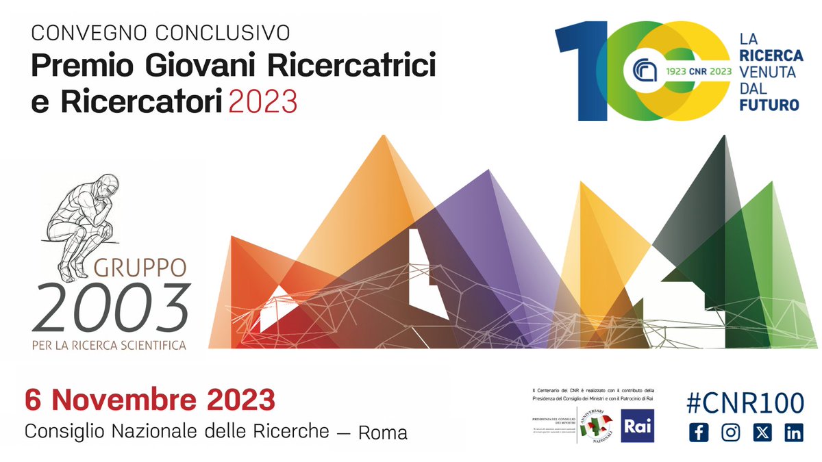 CNR Consiglio Nazionale delle Ricerche (@cnrsocial_) on Twitter photo 💯#CNR100 1923-2023 #centenarioCNR
#6novembre nella sala Marconi del #Cnr #Roma,
Il 'Premio Giovani Ricercatrici e Ricercatori’ del #Gruppo2003 per la #ricercascientifica
⏰𝘼 𝙥𝙖𝙧𝙩𝙞𝙧𝙚 𝙙𝙖𝙡𝙡𝙚 #ore14, segui lo streaming su centenario.cnr.it/evento/premio-…
<a href="/MC_Carro/">MariaChiara Carrozza</a> 💯#CNR100 1923-2023 #centenarioCNR
#6novembre nella sala Marconi del #Cnr #Roma,
Il 'Premio Giovani Ricercatrici e Ricercatori’ del #Gruppo2003 per la #ricercascientifica
⏰𝘼 𝙥𝙖𝙧𝙩𝙞𝙧𝙚 𝙙𝙖𝙡𝙡𝙚 #ore14, segui lo streaming su centenario.cnr.it/evento/premio-…
<a href="/MC_Carro/">MariaChiara Carrozza</a>
