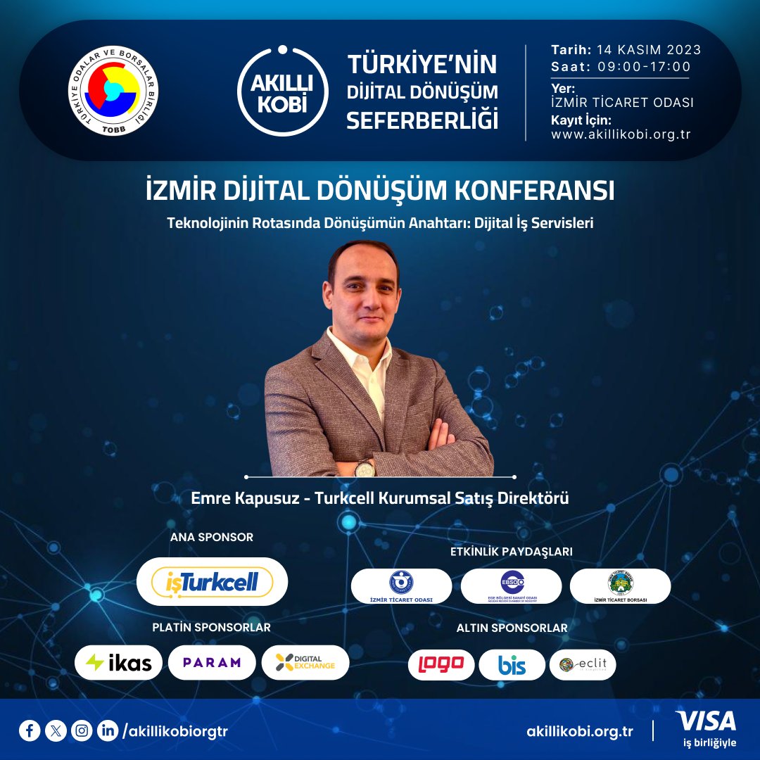14 Kasım’daki İzmir Dijital Dönüşüm Konferansı <a href="/Turkcell/">TURKCELL</a> Kurumsal Satış Direktörü Sayın Emre Kapusuz’un katılımlarıyla gerçekleşecek.  

Kayıt için: akillikobi.org.tr/konferans-izmi…

#AkıllıKOBİ #DijitalDönüşümKonferansı

<a href="/iztokurumsal/">İzmir Ticaret Odası</a>