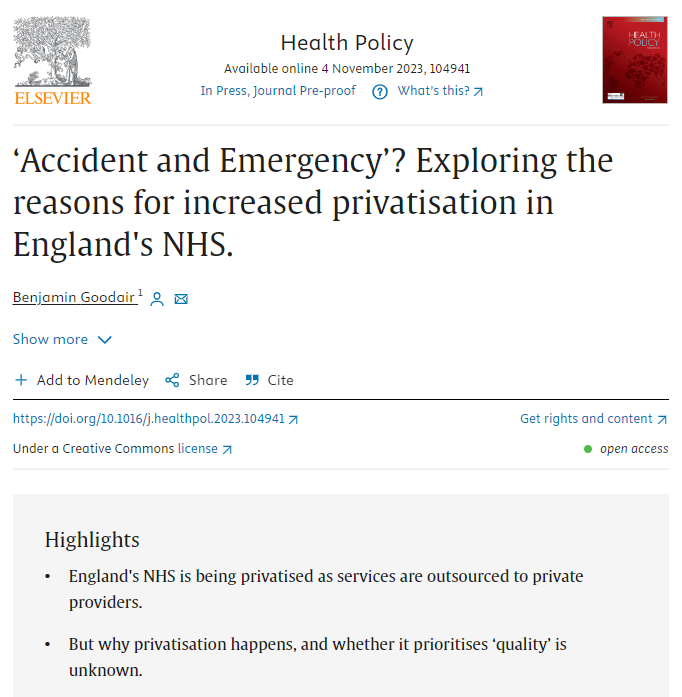 New paper out today: England's NHS uses private providers to deliver healthcare. But why? I asked commissioners why they think the NHS outsources services. Privatisation is often not purposeful, and sometimes concerning... A thread of findings: sciencedirect.com/science/articl…