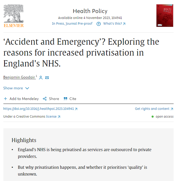 New paper out today:

England's NHS uses private providers to deliver healthcare. But why?

I asked commissioners why they think the NHS outsources services.

Privatisation is often not purposeful, and sometimes concerning...

A thread of findings:

sciencedirect.com/science/articl…