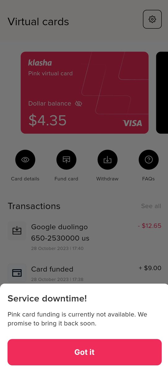 _BigBangTv's tweet photo. @KlashaApp @KlashaApp What is going on?  This is the response I have been getting for the past 4 days whenever I try to fund my card. Kindly rectify this! https://t.co/5Dh5tpzS81