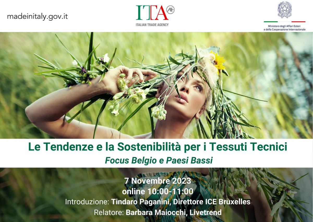 📢Ancora possibile iscriversi al seminario online: 'Le Tendenze e la Sostenibilità per i tessuti tecnici in Belgio e nei Paesi Bassi' 7 Novembre, 10:00-11:00. ✅Registrati qui: lnkd.in/eXd2pNNj @ITAtradeagency @ITAformazione @ItalyMFA @mimit_gov