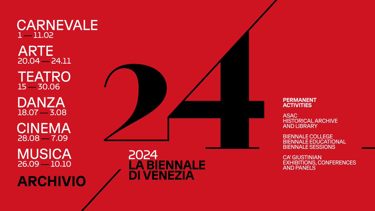🗓 Get ready to update your calendar!
Check out our 2024 #SaveTheDates and make sure not to miss #LaBiennaleDiVenezia's activities!

#BiennaleCarnevale2024
#BiennaleArte2024
#BiennaleTeatro2024
#BiennaleDanza2024
#BiennaleCinema2024
#BiennaleMusica2024
...and much more!