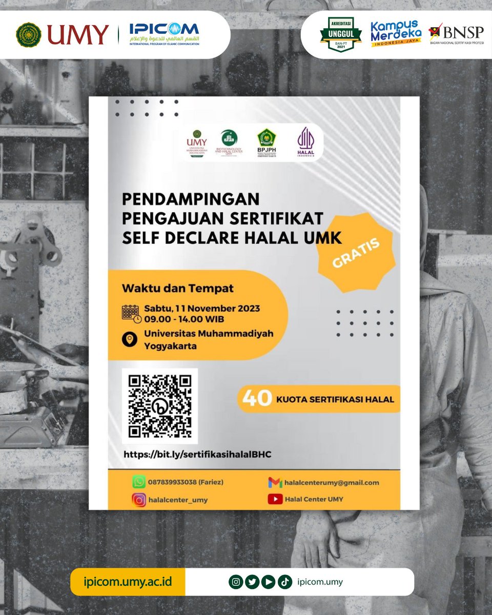 Do you want to apply for a halal certificate but need assistance?. Let's join "Pendampingan Pengajuan Sertifikat Self Declare Halal UMK" by @halalcenter_umy. This program is free, dont miss the chance!

For more information : @halalcenter_umy
#sertifikasihalal #halalcertification