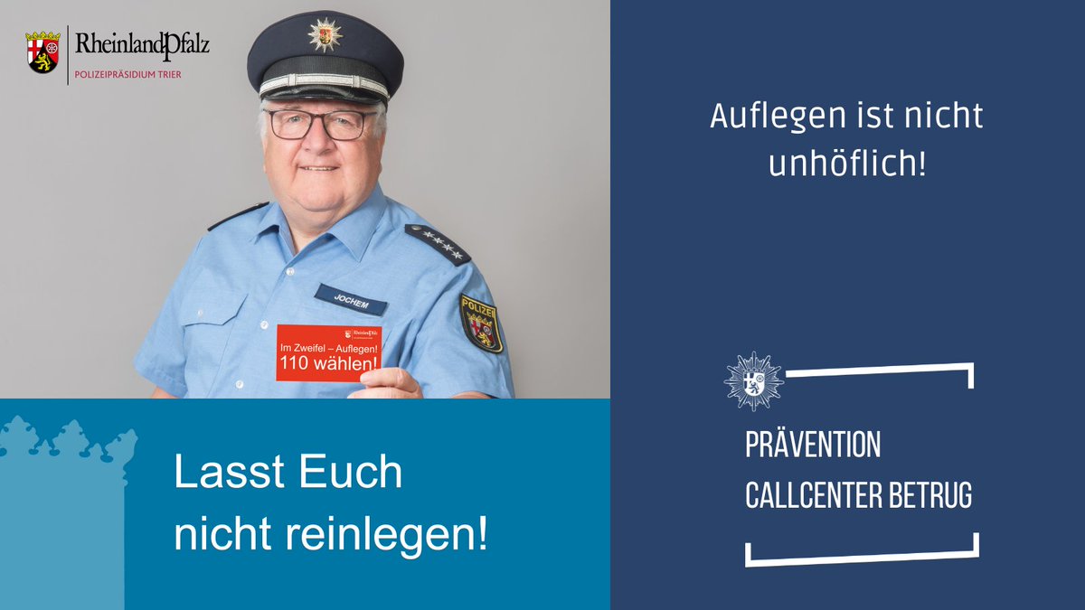 PolizeiTrier's tweet photo. Unsere neue Kampagne gegen Callcenter-Betrug möchte euch sagen: Auflegen ist nicht unhöflich! 

In der vergangenen Woche hat eine Dame (85) in #Aach einen vierstelligen Bargeldbetrag an Betrüger bezahlt: https://t.co/KXsP7Zo0tO

Lasst euch nicht reinlegen! #GenugBetrug https://t.co/siDvcfTdUr